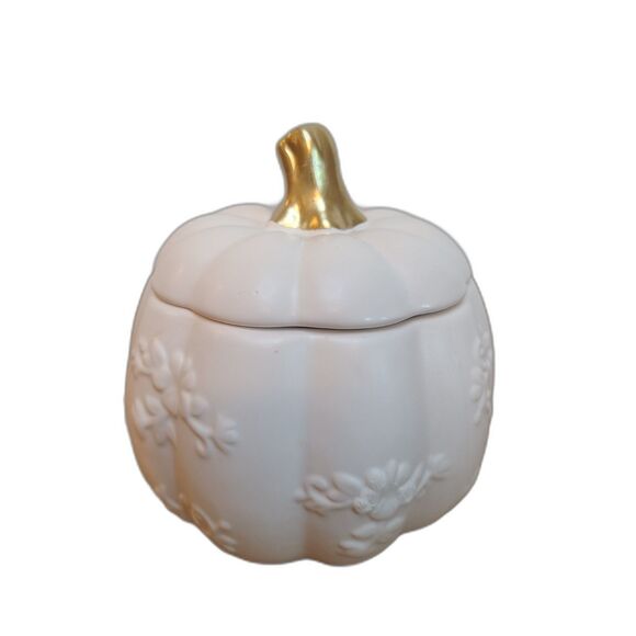 White Ceramic Harvest Pumpkin Container With Lid From 1-800-Flowers Arrangement - Picture 1 of 10